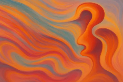 Abstract art with swirling orange and blue shapes, resembling a face in profile.